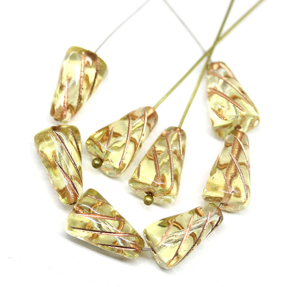 15x10mm Large cone pale yellow czech glass beads, copper inlays, 8pc