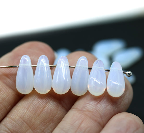 6x13mm Opal white long teardrop czech glass beads, 15pc
