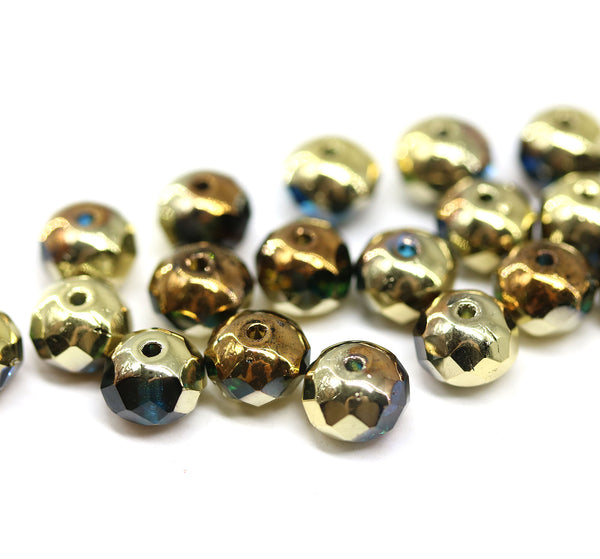 5x7mm Capri blue Gold luster Czech glass rondelle beads, 20pc