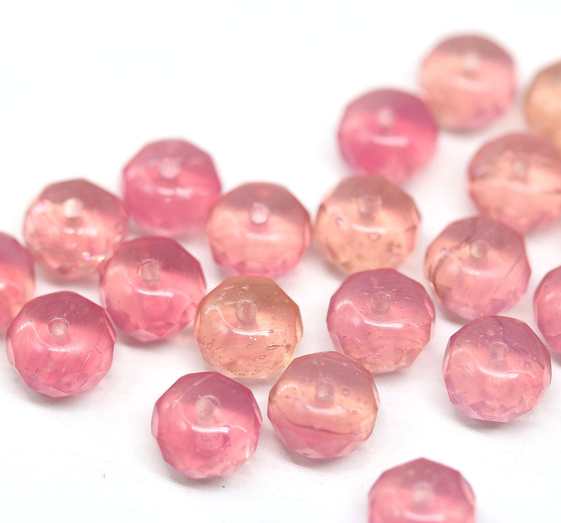 5x8mm Pink peach Czech glass beads, Fire polished gemstone cut rondels, 20Pc