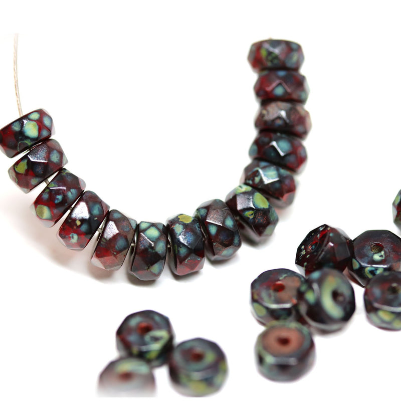 Dark red picasso rondelle beads, fire polished czech glass faceted spacers