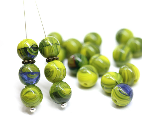 8mm Green yellow round czech glass druk pressed beads, 20Pc