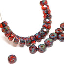 Red picasso rondelle beads, fire polished czech glass faceted spacers