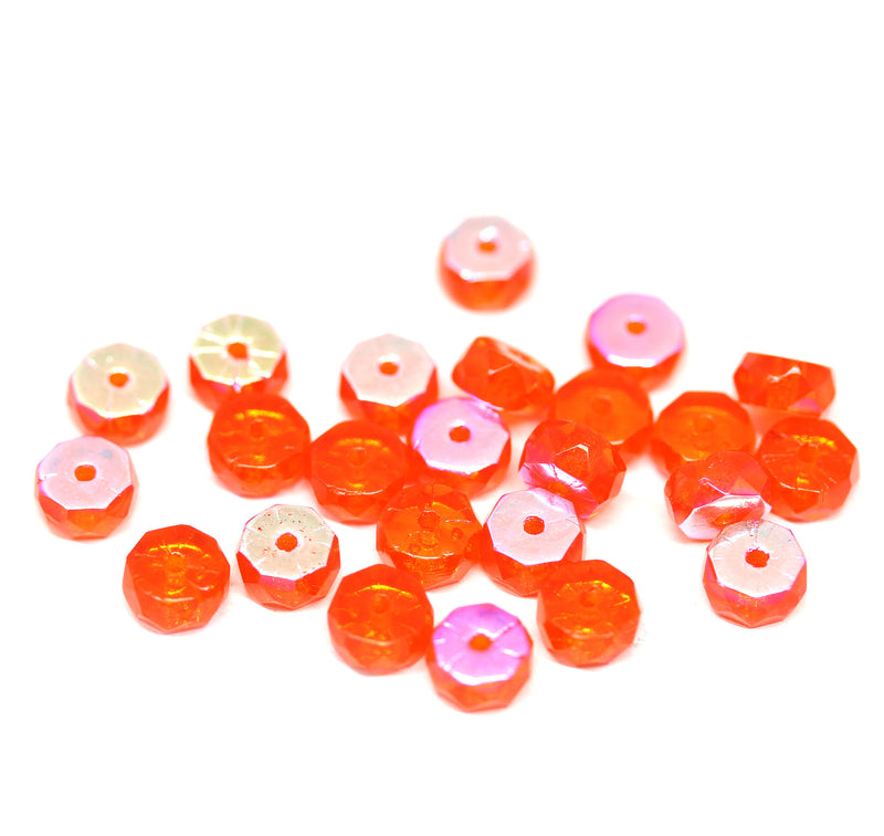 Orange rondelle beads, AB coating fire polished czech glass