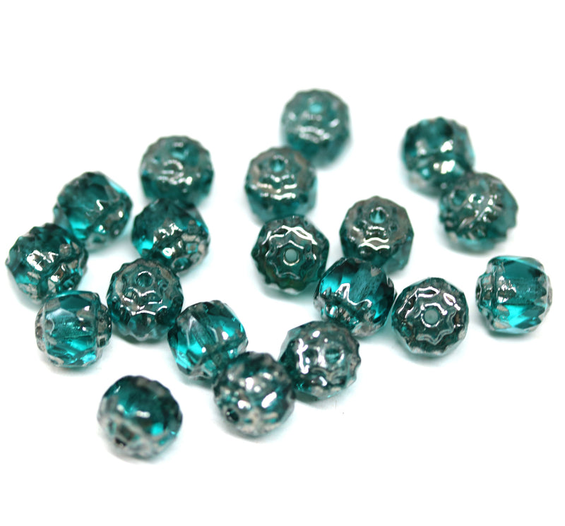 6mm Teal round cathedral czech glass beads, silver ends, jewelry making