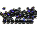 5x7mm Jet black drop beads, blue luster, czech glass teardrops, 50pc