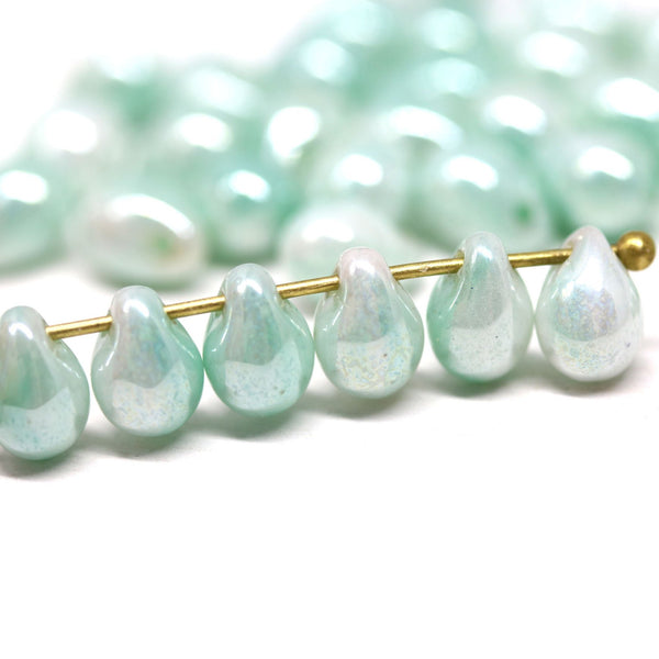 Mint green glass drops, czech teardrop beads for jewelry making
