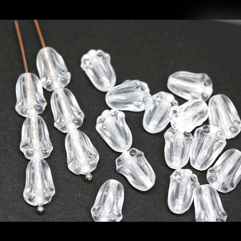Crystal clear tulip beads, Czech glass flower for jewelry making