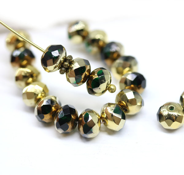 5x7mm Dark green Gold luster Czech glass rondelle beads, 20pc