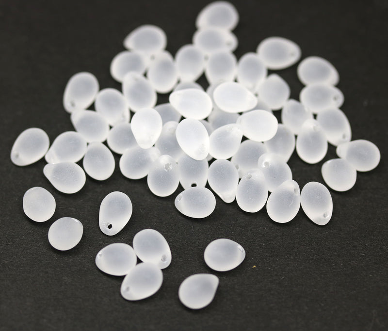 Frosted clear glass drops, czech teardrop beads for jewelry making
