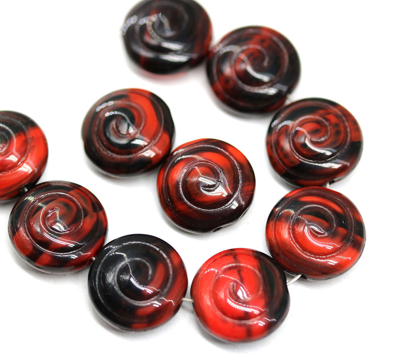 13mm Black red spiral shells Czech glass seashells, 8pc