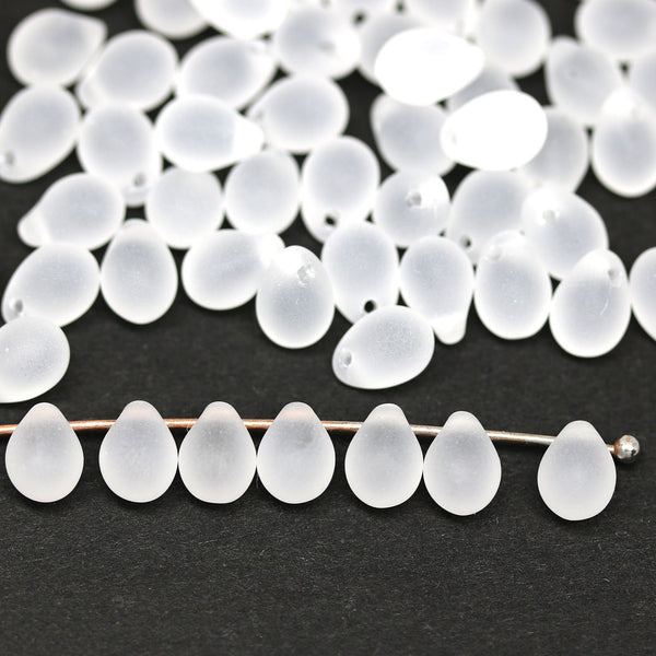 Frosted clear glass drops, czech teardrop beads for jewelry making