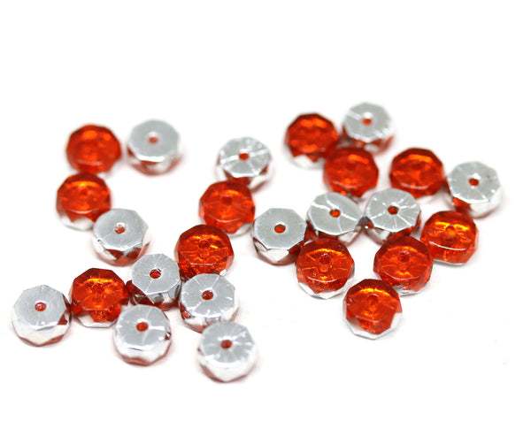 Orange rondelle beads, silver coating fire polished czech glass