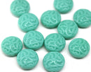 14mm Turquoise green coin ornament czech glass beads, 6Pc