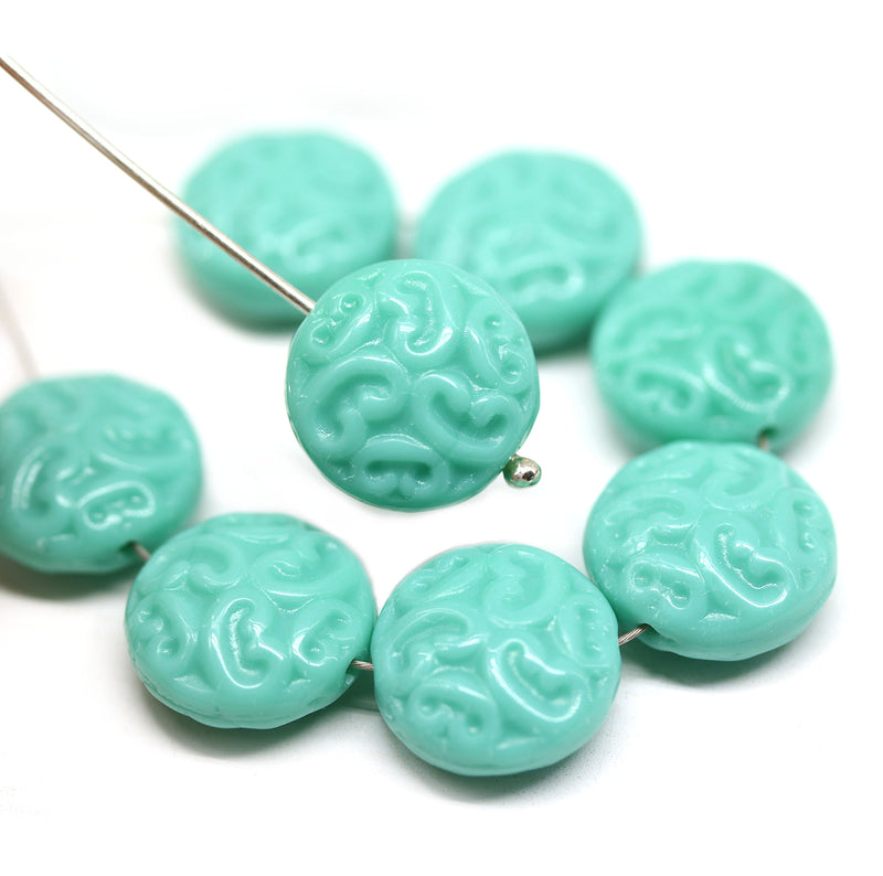 14mm Turquoise green coin ornament czech glass beads, 6Pc