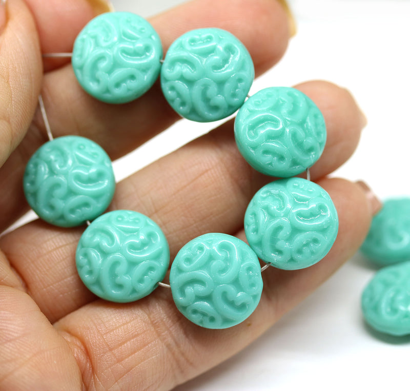 14mm Turquoise green coin ornament czech glass beads, 6Pc