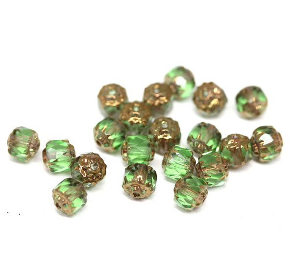 6mm Green round cathedral czech glass beads, golden ends, jewelry making
