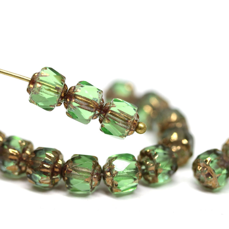 6mm Green round cathedral czech glass beads, golden ends, jewelry making