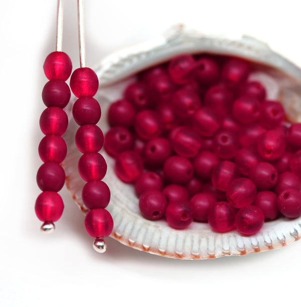 4mm Frosted red czech glass beads round druk spacers mix, 90Pc