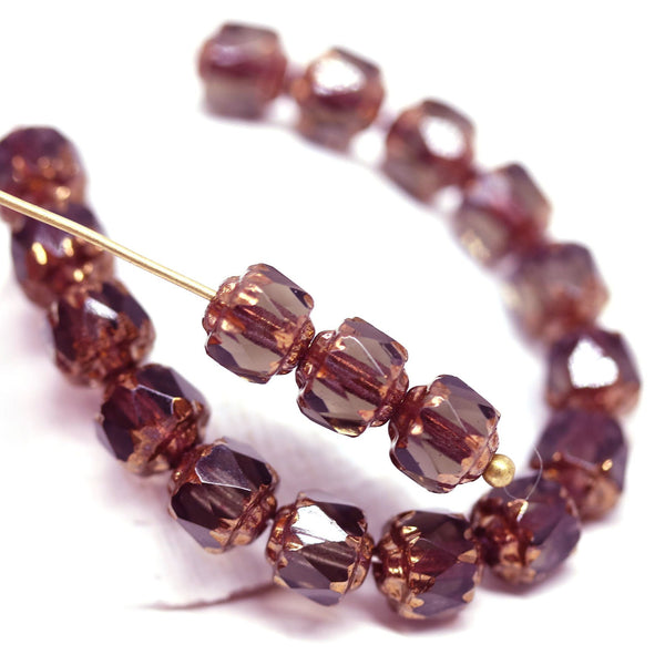 6mm Purple gray round cathedral czech glass beads, golden ends