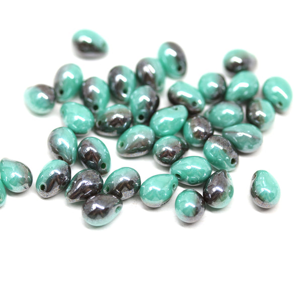 Turquoise green brown glass drops, czech teardrop beads