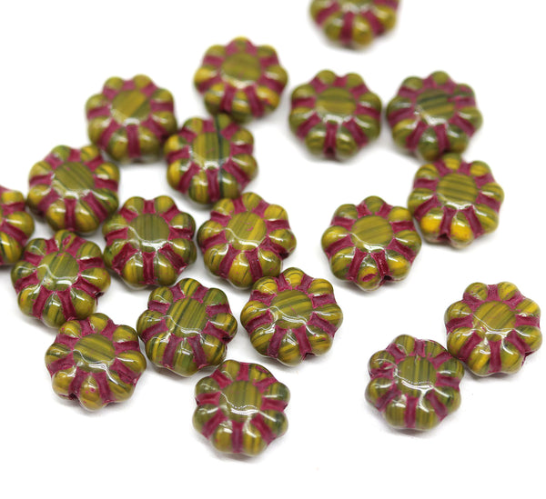 9mm Olive green Czech glass daisy flower beads red inlays 20pc