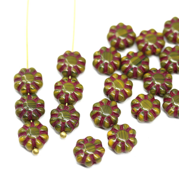 9mm Olive green Czech glass daisy flower beads red inlays 20pc