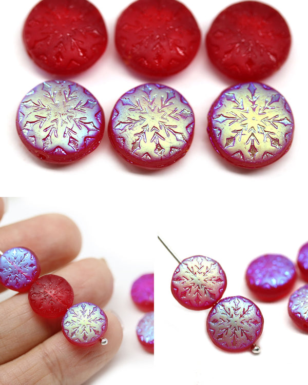 Frosted red czech glass snowflake beads AB finish - 6pc