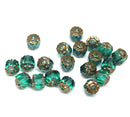 6mm Teal round cathedral czech glass beads, golden ends, jewelry making