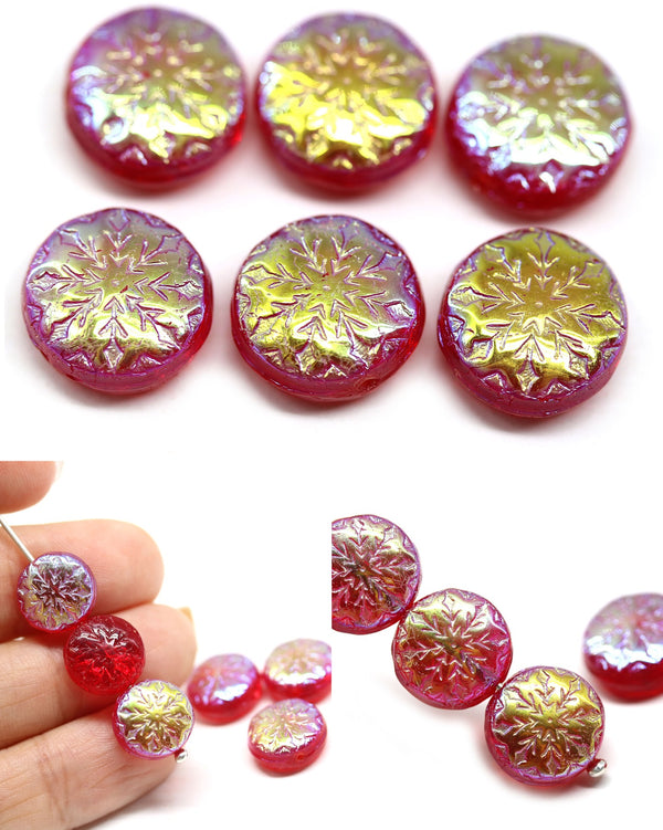 Transparent red czech glass snowflake beads AB finish - 6pc