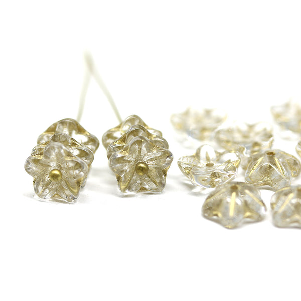 10mm Crystal clear czech glass flower caps, gold wash, 15pc
