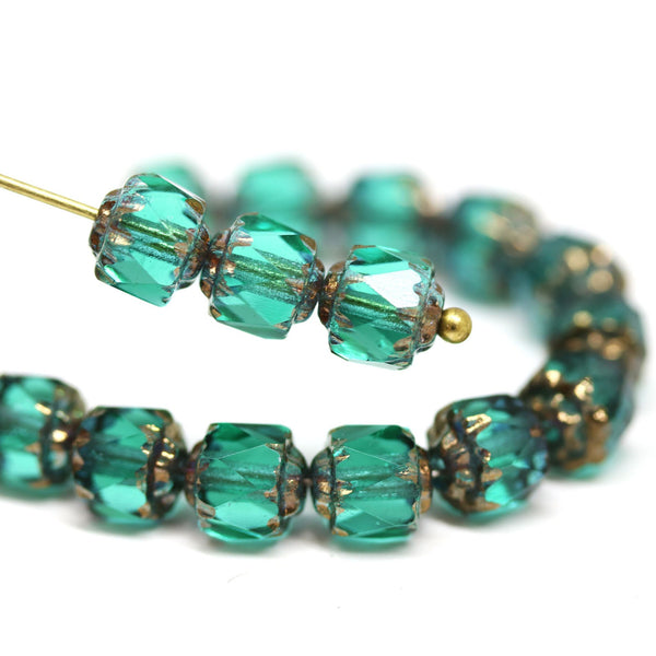6mm Teal round cathedral czech glass beads, golden ends, jewelry making