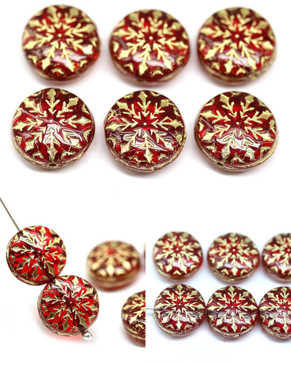 Transparent red gold inlays czech glass snowflake beads - 6pc