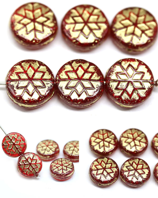 Transparent red gold inlays czech glass snowflake beads - 6pc