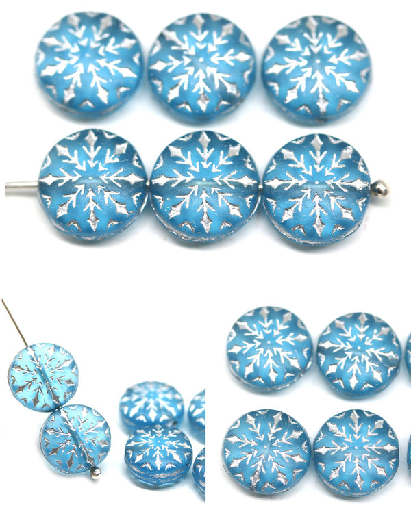 Frosted blue silver inlays czech glass snowflake beads - 6pc