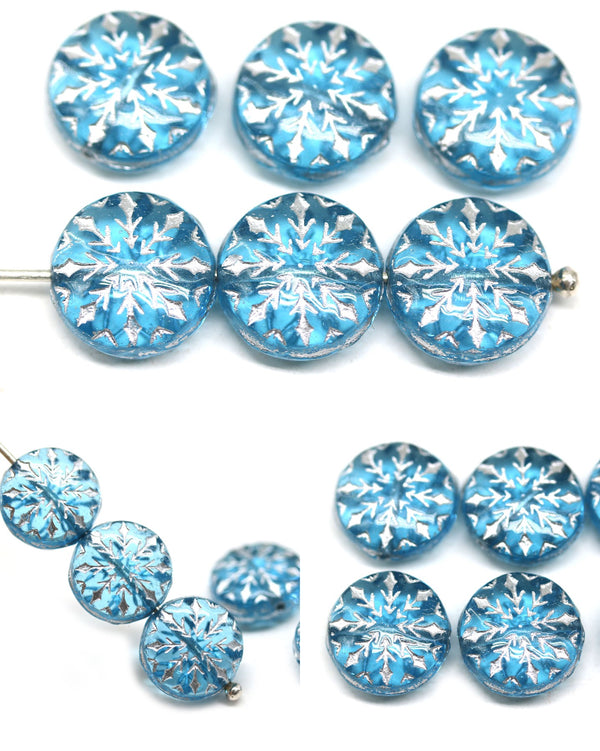 Transparent blue silver inlays czech glass snowflake beads - 6pc