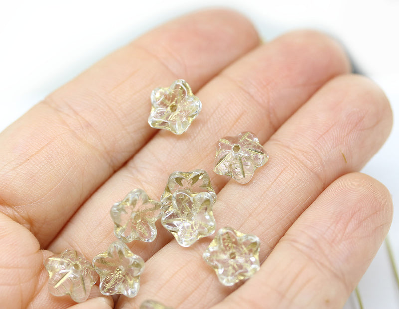 10mm Crystal clear czech glass flower caps, gold wash, 15pc