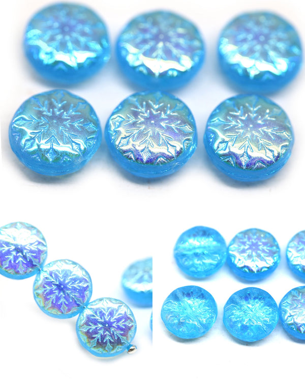 Transparent blue AB finish czech glass snowflake beads - 6pc