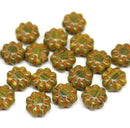 9mm Olive green Czech glass daisy flower beads orange inlays 20pc