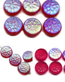 Frosted red czech glass snowflake beads AB finish - 6pc