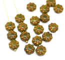 9mm Olive green Czech glass daisy flower beads orange inlays 20pc