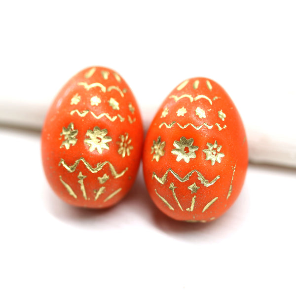 20mm Easter eggs czech glass beads, Orange Gold ornament, 2Pc