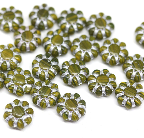 9mm Olive green Czech glass daisy flower beads silver inlays 20pc