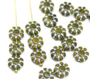 9mm Olive green Czech glass daisy flower beads silver inlays 20pc