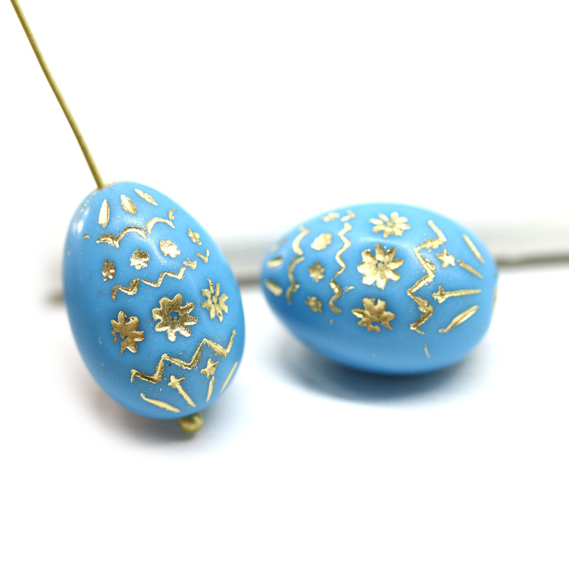 20mm Easter eggs czech glass beads, Blue Gold ornament, 2Pc