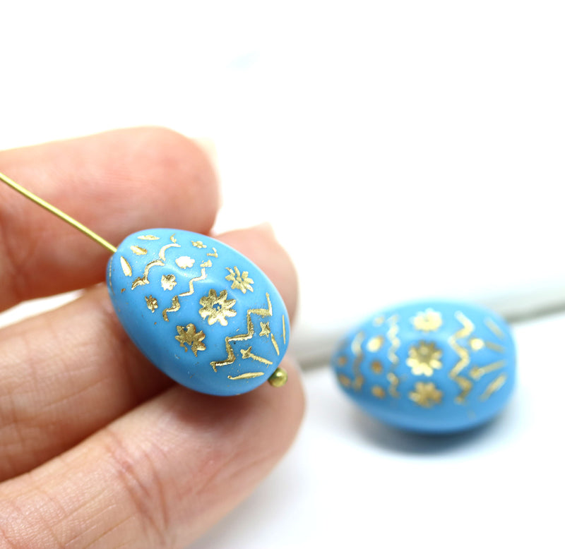 20mm Easter eggs czech glass beads, Blue Gold ornament, 2Pc