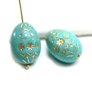 20mm Easter eggs czech glass beads, Green Gold ornament, 2Pc