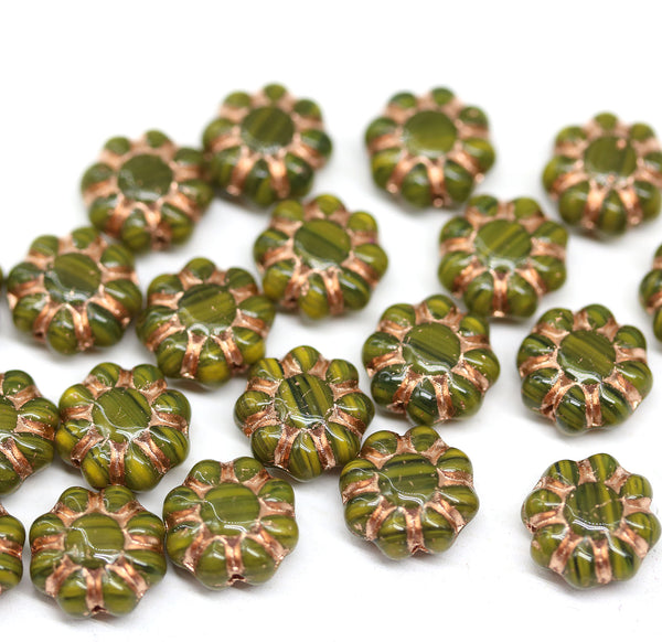 9mm Olive green Czech glass daisy flower beads copper inlays 20pc