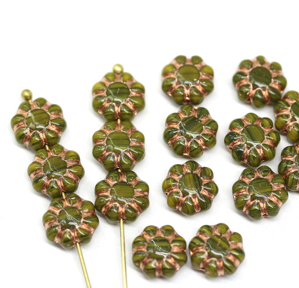 9mm Olive green Czech glass daisy flower beads copper inlays 20pc