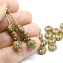 9mm Olive green Czech glass daisy flower beads copper inlays 20pc